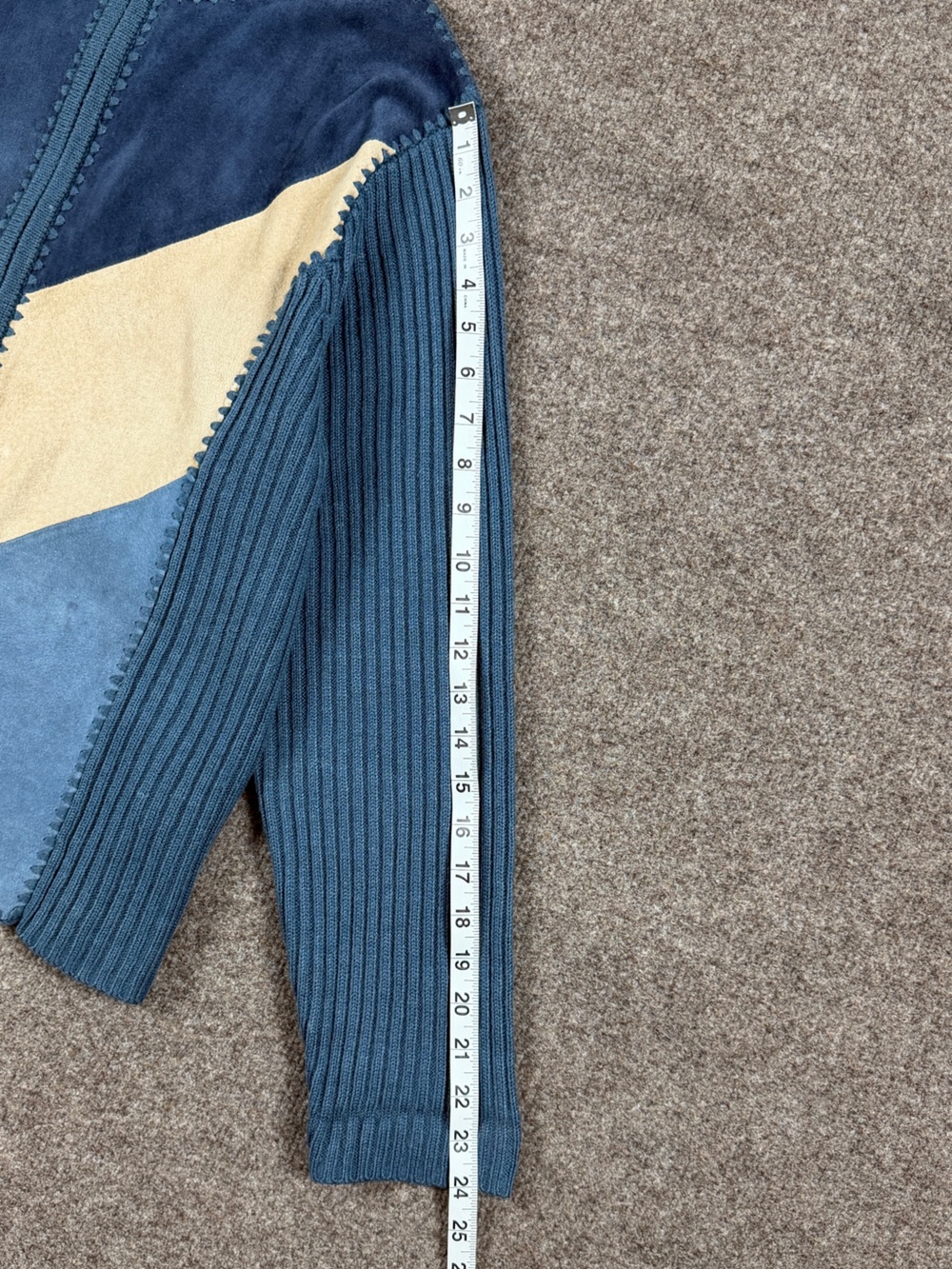 Vintage Blue Suede Leather Colorblock Zip Up Cardigan Sweater Jacket Women’s L - Picture 7 of 9